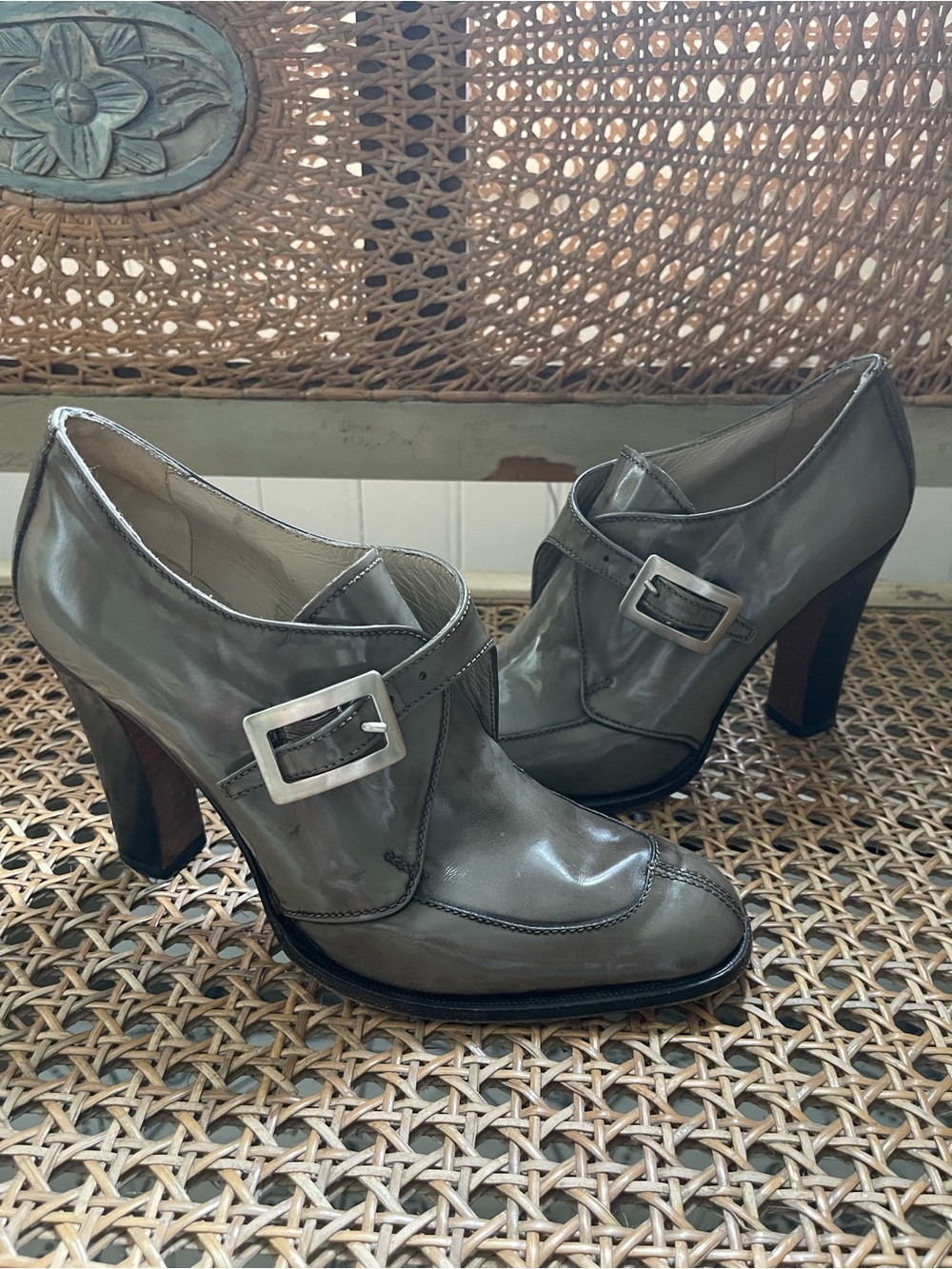Stephane Kelian for Barney’s New York Gray/Taupe Buckle High-Heel Booties 7.5